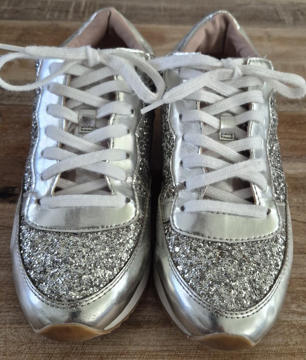 Kate Spade NY "Felicia" Silver Glitter Lace-Up Sneakers Women's Size 7